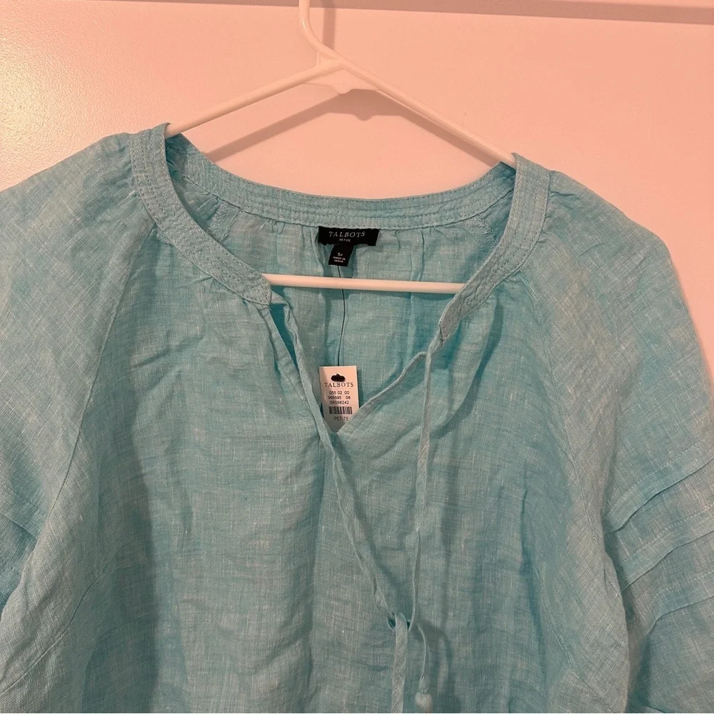 Talbots Aqua Blue Linen Peasant Tunic With Pleated Sleeves Size SP Women’s NWT - Picture 7 of 14